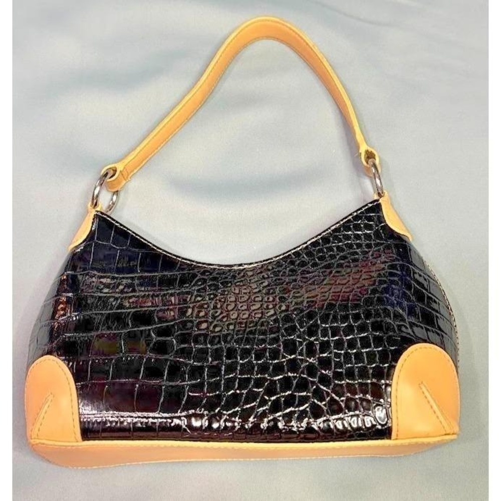 BCBGirls Y2K‎ Black Tan Faux Croc Patent Shoulder Bag Baguette Purse